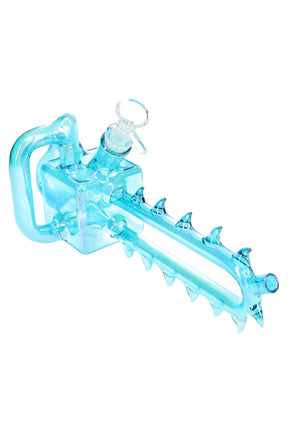 Light-blue chainsaw water pipe with clear bowl and spiked bar detail, integrated handle for easy grip, around 11″ length.