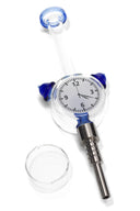 Blue-accent glass clock dab straw kit with screw-on metal tip and separate quartz dish; portable 8-inch design.