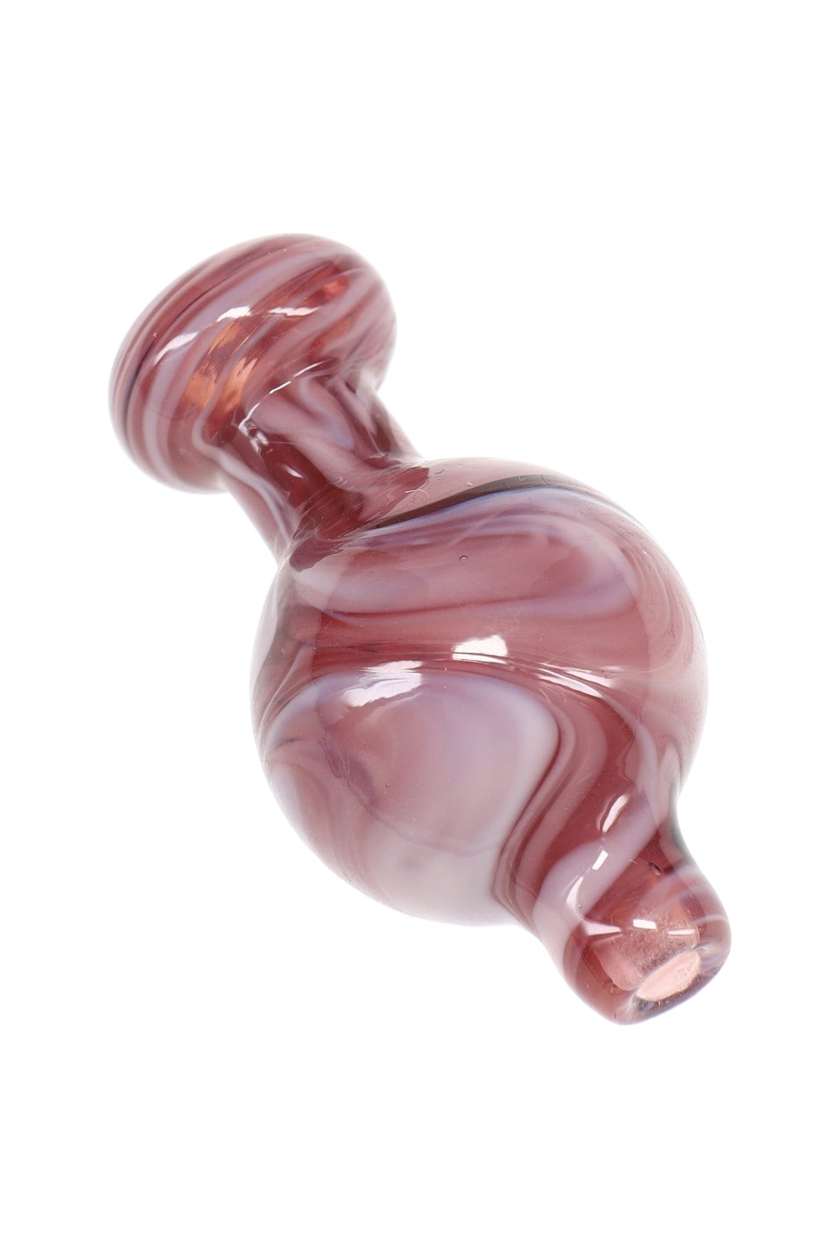 Purple marbled glass bubble carb cap featuring bulb body and small nozzle for directing airflow on dab rigs.