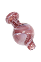 Purple marbled glass bubble carb cap featuring bulb body and small nozzle for directing airflow on dab rigs.