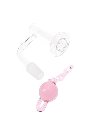 Side view of quartz terp slurper banger, 14.5 mm male; includes 22 mm ball and chain for active airflow; works only with matching female joints.