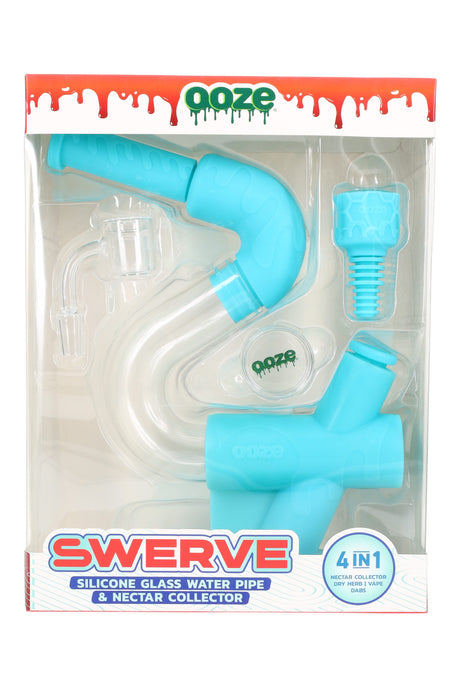 Light-blue Ooze “Swerve” silicone glass water pipe kit in packaging, includes 14 mm banger and nectar collector tip.
