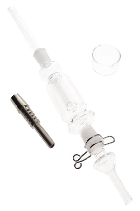 11½″ glass dab straw kit with 14.5 mm female joint, titanium tip, metal Keck clip, and glass concentrate dish arranged for clean, quick concentrate sessions.