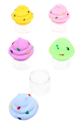 Pastel ice-cream silicone-lid 1.75-inch glass stash jar displayed open and closed for size