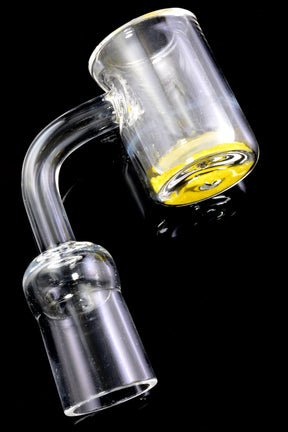Thermochromic quartz banger installed on a rig; 14.5 mm male joint with visible color-shift base in the bucket.