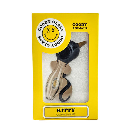 Goody Glass Kitty hand pipe in yellow Goody Animals box with black cat head and window display