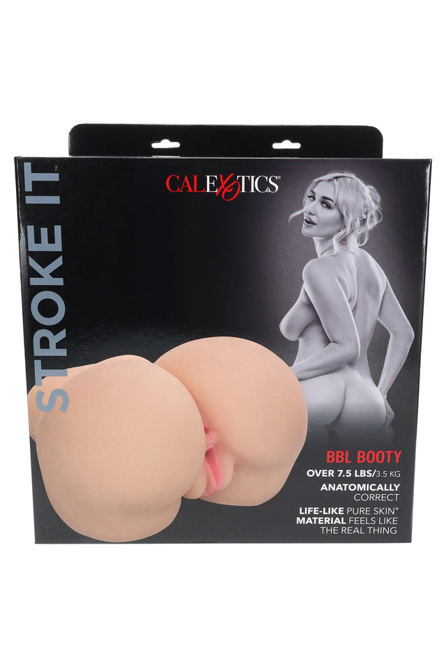CalExotics Stroke It BBL Booty 7.5-lb PureSkin dual-entry butt masturbator, ivory tone, boxed packaging with model art and product photo.