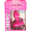 Small rechargeable vibrating butt plug in pink with flared jewel base, 10 vibration modes, waterproof silicone, USB charging, shown boxed.