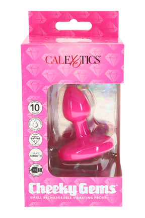 Small rechargeable vibrating butt plug in pink with flared jewel base, 10 vibration modes, waterproof silicone, USB charging, shown boxed.