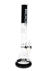 ROOR Tech 18-inch multicolor beaker bong with showerhead perc and glass bowl, thick 5 mm glass, black–white colorway.