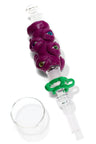 Purple many-eyed monster glass dab straw kit with green keck clip and clear concentrate dish, handheld nectar straw.
