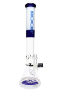 ROOR Tech 18-inch stemless beaker bong in cobalt blue and white accents, clear beaker base with fixed showerhead perc and matching bowl.