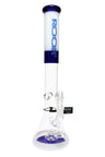 ROOR Tech 18-inch stemless beaker bong in cobalt blue and white accents, clear beaker base with fixed showerhead perc and matching bowl.