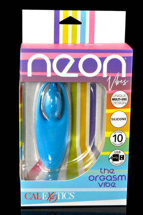 Close-up retail package of Neon Vibes “The Orgasm Vibe” in blue; silicone body, unique multi-use shape, 10 vibration functions, USB rechargeable.