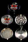 Ninja Glass logo black metal 4-part herb grinder with mesh screen and pollen catcher, opened on a black backdrop.