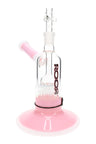RooR Tech 7.5″ chamber bubbler with ten-arm tree perc, pink base and tube accents, 18.8 mm female joint, stemless body on wide foot.