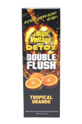 High Voltage Double Flush detox box, Tropical Orange flavor, bold orange splash artwork and 16 oz combo callout.