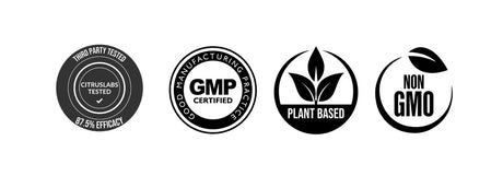 Certification badges for High-Not Extra Strength Recovery Shot: third-party tested, GMP certified, plant-based, and non-GMO icons.