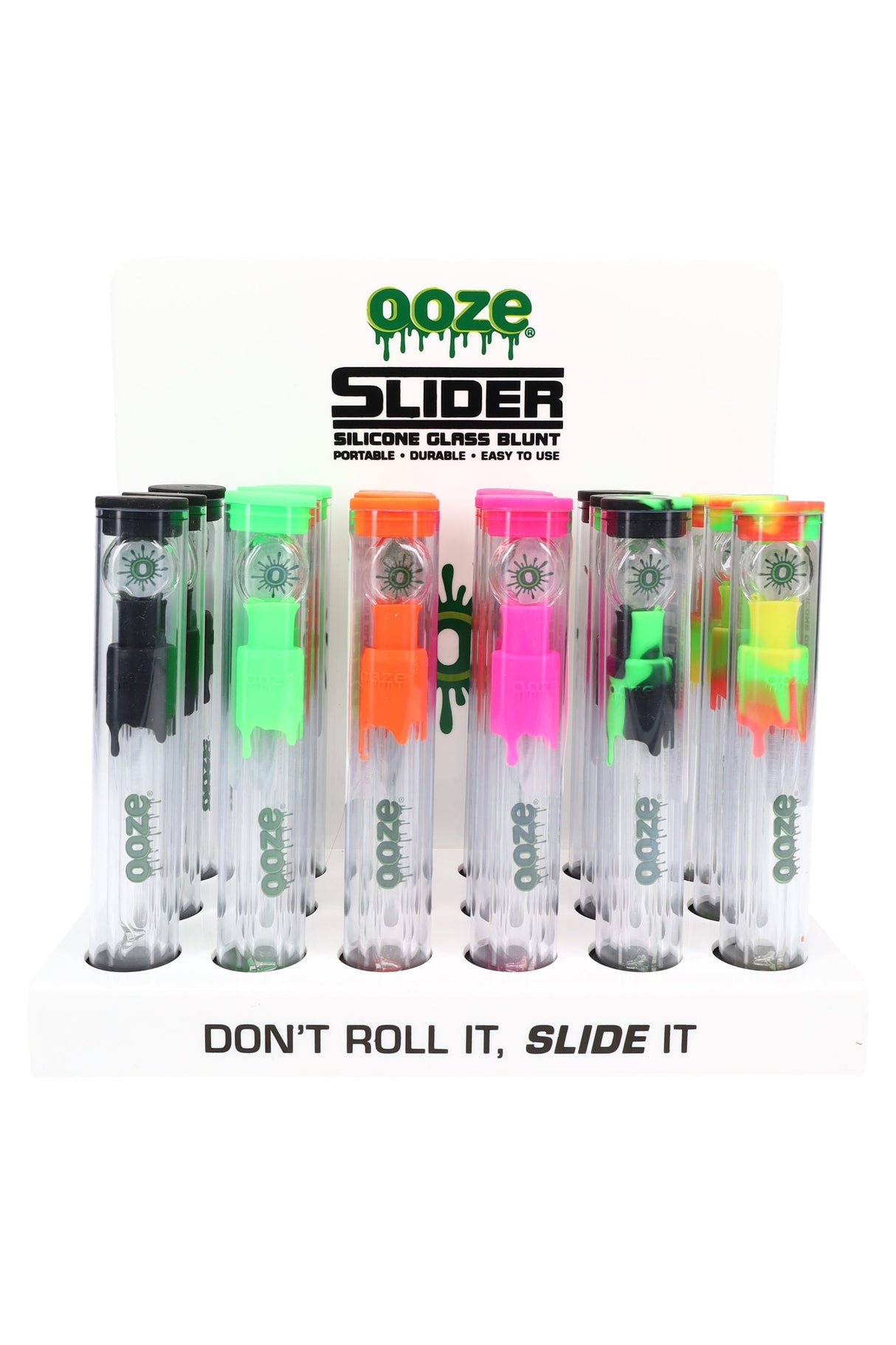 Ooze Slider silicone glass blunts 18-count display, countertop rack with assorted neon colors packaged in clear plastic tubes.