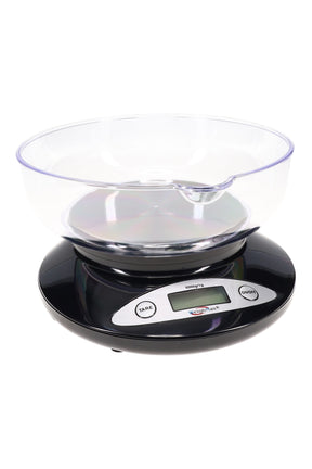 WeighMax W-2810 digital kitchen scale in glossy black with detachable 5 kg clear bowl and front LCD, top-down studio angle.