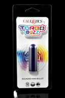 Navy Turbo Buzz rounded mini bullet vibrator in black blister pack; USB rechargeable, 10 vibration modes, IPX7 waterproof.