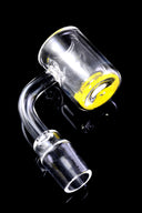 Rear detail of quartz banger showing smooth bucket lip, thermochromic base, and curved 90° neck.