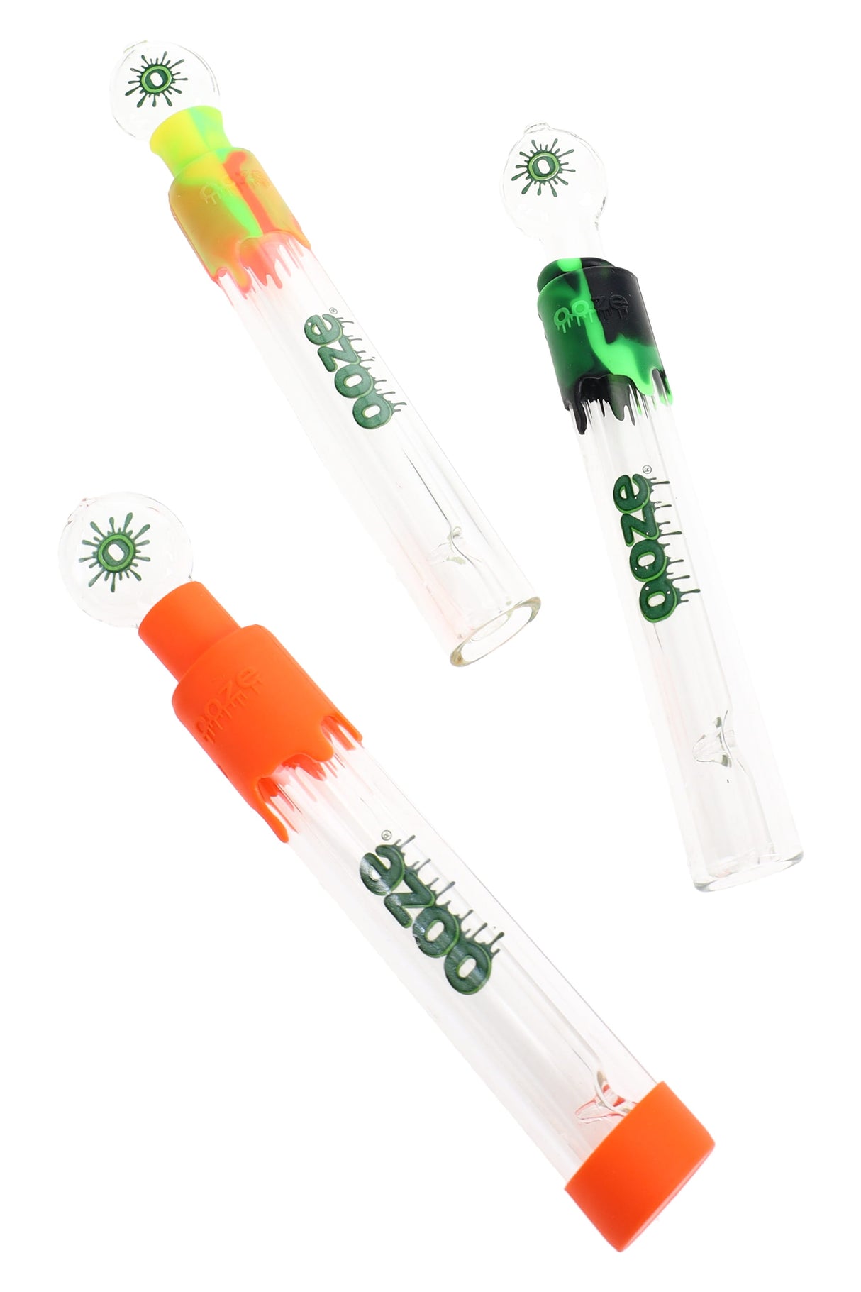 Three Ooze Slider silicone glass blunts in assorted colors, round glass mouthpieces and drip-style silicone sleeves shown.