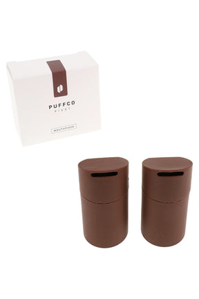 Mocha brown Puffco Pivot replacement mouthpieces, 2-pack shown near retail box, press-fit tips to refresh draws and keep sessions clean and hygienic.