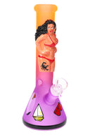 Purple-to-orange 10″ frosted beaker bong featuring red-bikini figure, wide base, and clear herb slide joint.