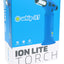Whip-It Ion Lite torch in blue on retail box, compact handheld torch lighter with metal nozzle and flared base, right-facing view.