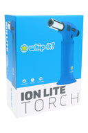 Whip-It Ion Lite torch in blue on retail box, compact handheld torch lighter with metal nozzle and flared base, right-facing view.