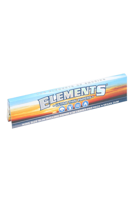 Single pack of Elements King Size Slim rice rolling papers with 32 leaves, blue-orange booklet design, sized for 109 mm rolls on white background.
