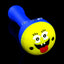 Blue silicone pipe with yellow face cap showing tongue out; clear removable glass bowl in the top.