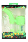 Green Ooze “Stack” hybrid bubbler packaged with 14 mm quartz banger and herb bowl, textured silicone grip and twin chambers.