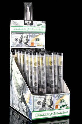 Side angle of 24-count Empire Rolling Benny Cones Lite display, tubes standing upright with $100 bill artwork.