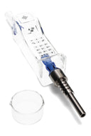 Blue-accent phone dab straw kit showing keypad print, metal tip installed, and matching quartz concentrate dish.