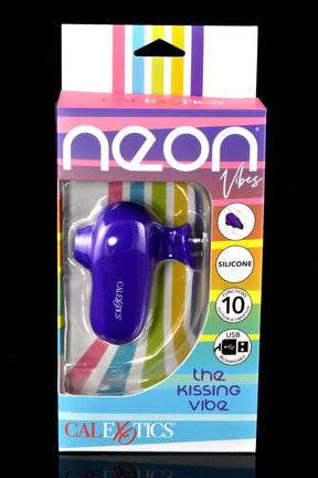 Close-up of Neon Vibes The Kissing Vibe package featuring purple silicone suction-and-vibration toy, 10 functions and USB rechargeable icons.