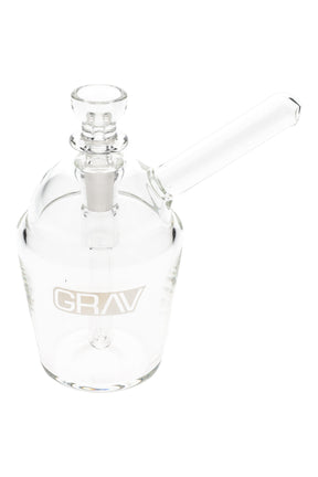 Clear GRAV slush cup pocket bubbler with domed lid shape, angled straw-style mouthpiece, and 10 mm cup bowl on white background.