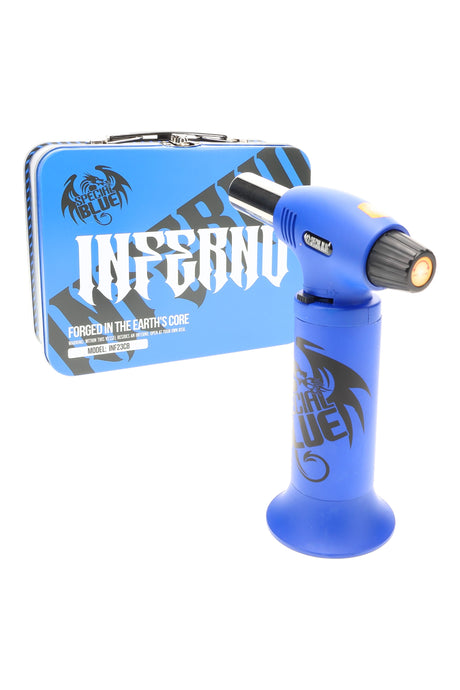 Special Blue Inferno Pro Cobalt blue torch beside matching toolbox tin, product view showing adjustable flame control knob.