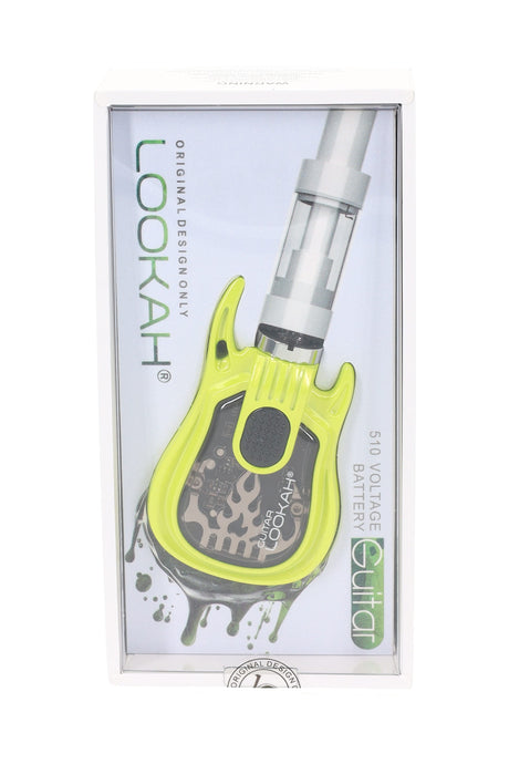 Yellow Lookah Guitar 510 battery packaged, bright guitar-shaped body with clear window and 510 threading at top.