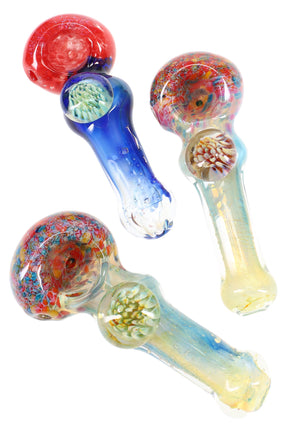 5″ silver-fumed frit glass spoon with large floral marble accent and side carb, shown in assorted multicolor styles.