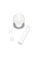Clear GRAV terp accessory set with one large marble, two terp pearls, and a pillar insert for bucket bangers on a white background.