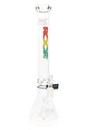 Clear ROOR Tech 18" stemless beaker bong with rasta red-gold-green ROOR Tech logo, showerhead perc and ice pinch.