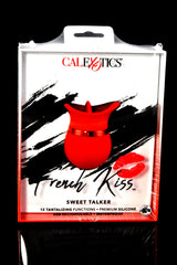 Red silicone tulip-style clitoral vibrator with split tip; 12 modes, waterproof and USB rechargeable for discreet palm play.