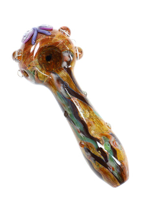 Top-down Viola Butterfly glass hand pipe with earthy swirls, clear marble grips, and rounded bowl