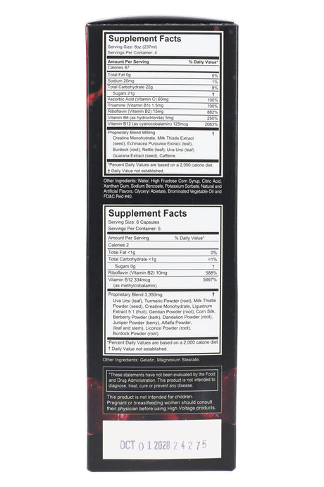 Back of High Voltage 5 Day Flush box showing Supplement Facts for the drinks and capsules with usage information.