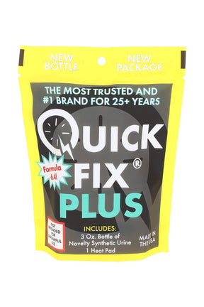 Front view of Quick Fix Plus 3-oz synthetic urine kit in neon yellow and black pouch, showing Formula 6.4 label.