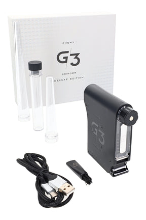 Chewy G3 Deluxe electric herb grinder kit with USB charging cable, cleaning brush, and three loader/storage tubes.