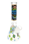 Blue-alien graphic beaker bong with leaf and UFO decals on the base, 10″ glass piece with 18.8 mm joint and clear bowl.
