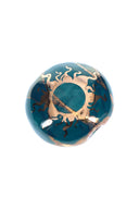 2-inch teal ceramic smoke stone hand pipe with gold sun artwork and polished glazed surface.